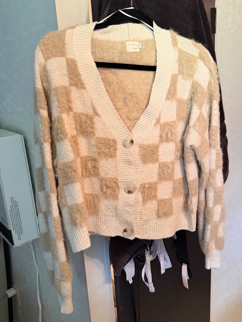 Dreamers Cream & Tan Check V-Neck Button Cardigan